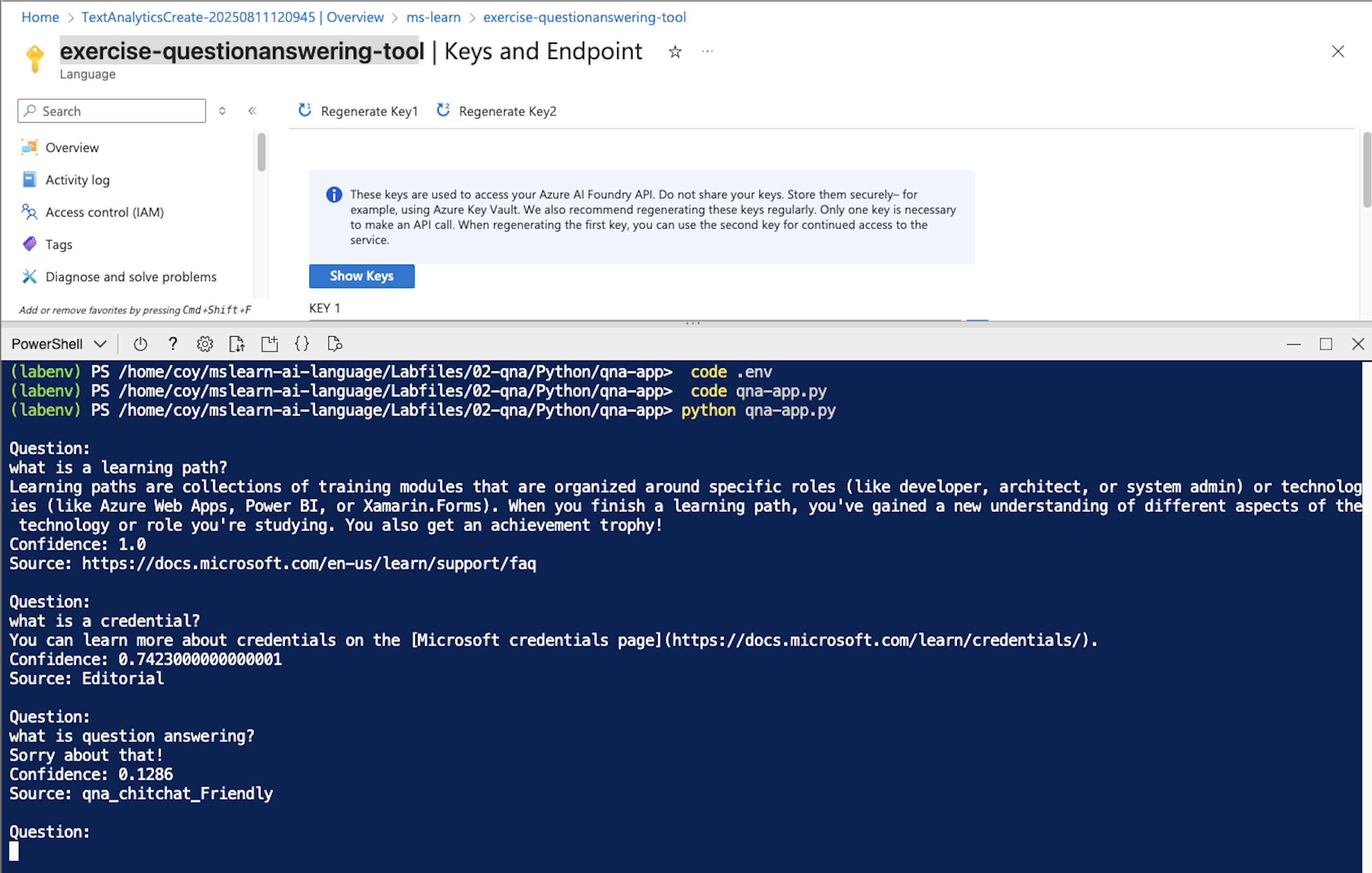 Azure AI Language Question Answering in action showing Q&A interactions