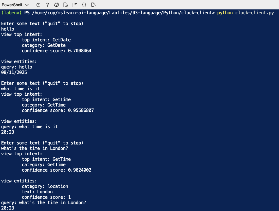 Azure AI Language Studio Conversational Language Understanding model with Python client application