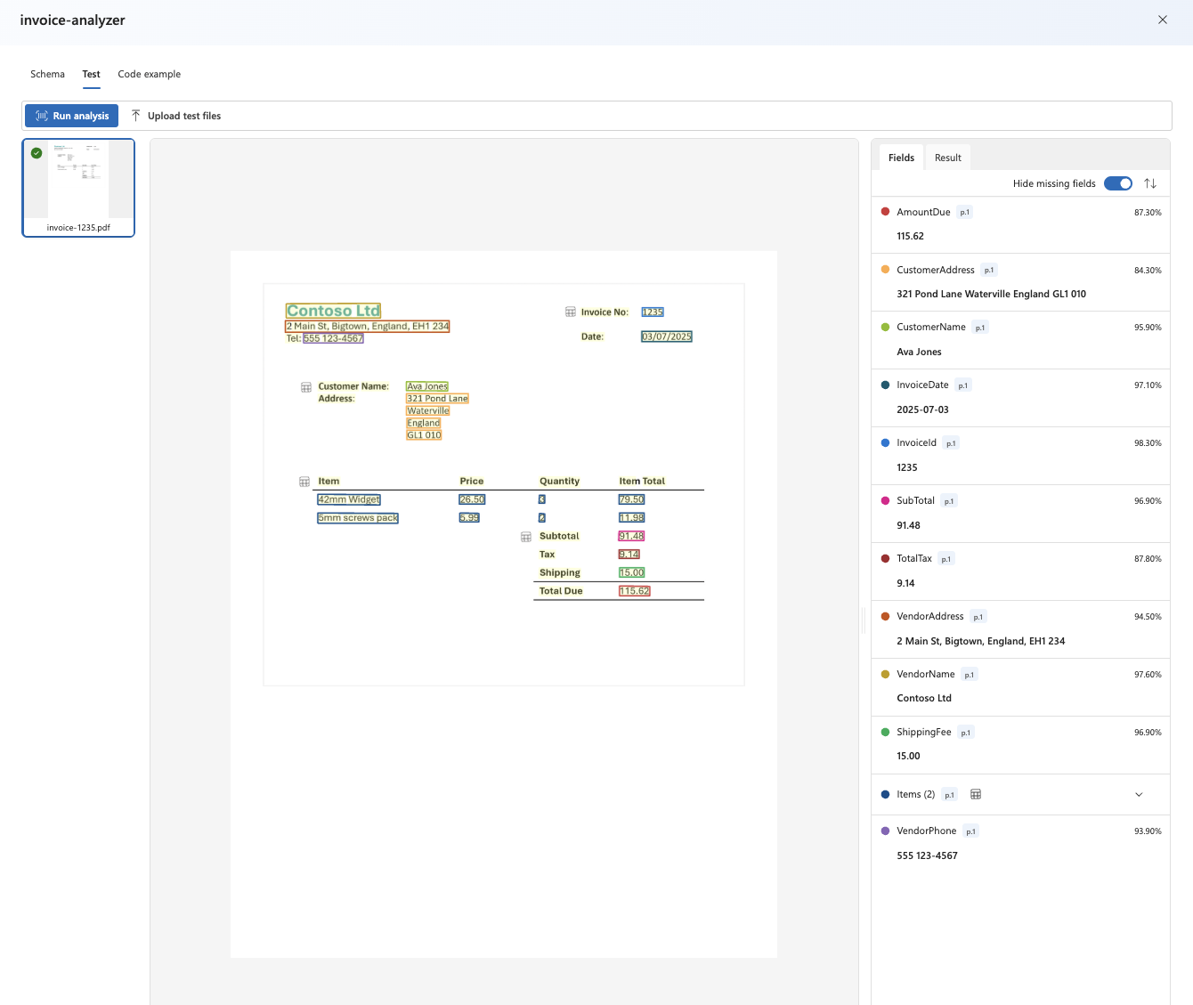Azure Content Understanding invoice analysis task configuration
