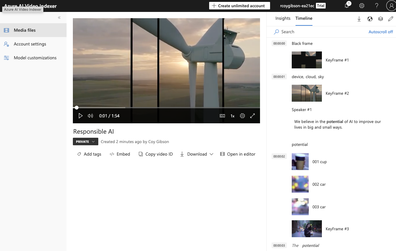 Azure AI Video Indexer portal showing uploaded 'Responsible AI' video with insights and timeline transcript